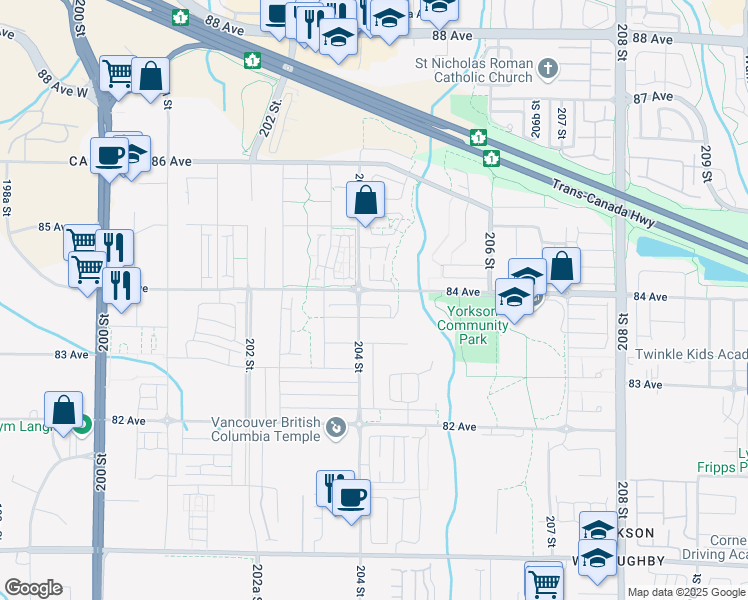 map of restaurants, bars, coffee shops, grocery stores, and more near 20422 84 Avenue in Langley Township