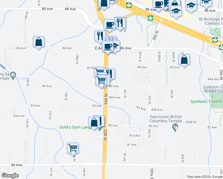 map of restaurants, bars, coffee shops, grocery stores, and more near 20020 84 Avenue in Langley Township