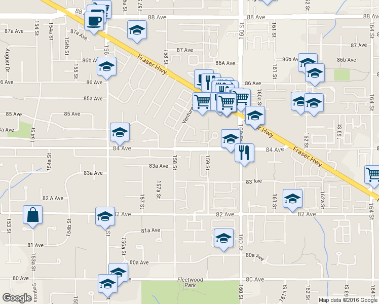 map of restaurants, bars, coffee shops, grocery stores, and more near in Surrey