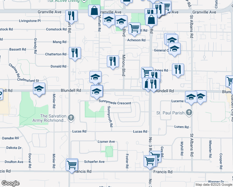 map of restaurants, bars, coffee shops, grocery stores, and more near 7600 Blundell Road in Richmond