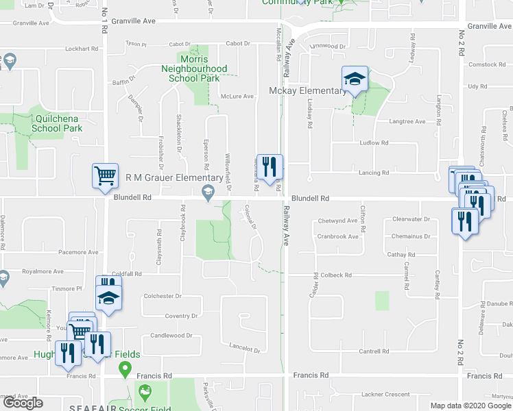 map of restaurants, bars, coffee shops, grocery stores, and more near 4682 Blundell Road in Richmond