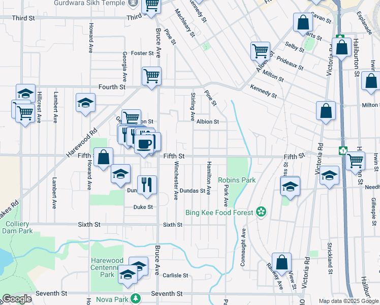 map of restaurants, bars, coffee shops, grocery stores, and more near 380 Fifth Street in Nanaimo