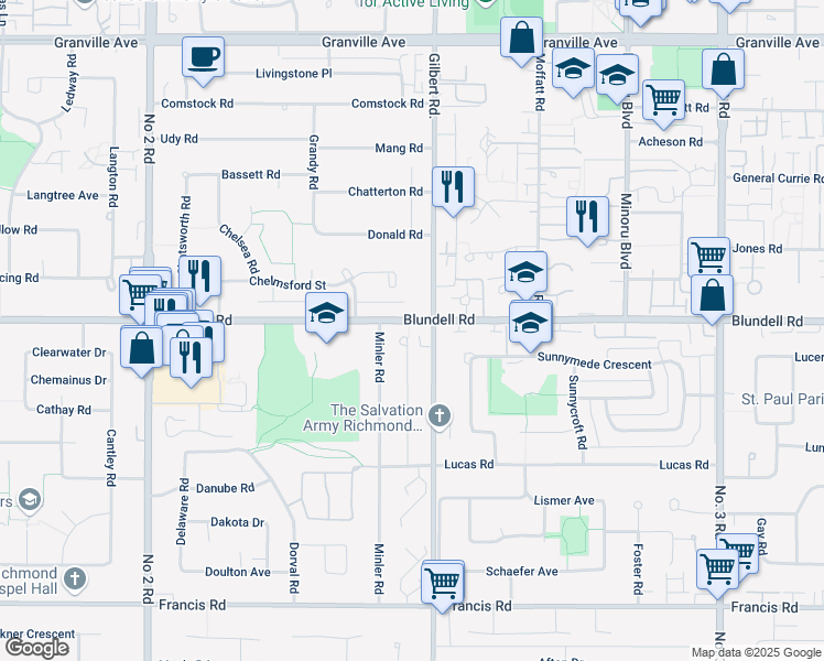 map of restaurants, bars, coffee shops, grocery stores, and more near 6748 Blundell Road in Richmond