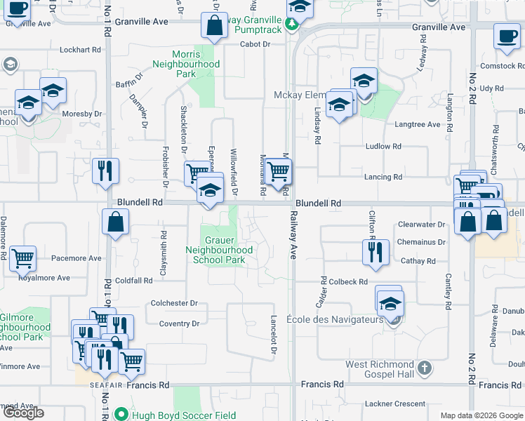 map of restaurants, bars, coffee shops, grocery stores, and more near 4682 Blundell Road in Richmond