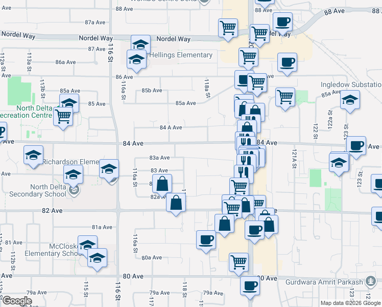 map of restaurants, bars, coffee shops, grocery stores, and more near 11821 83A Avenue in Delta