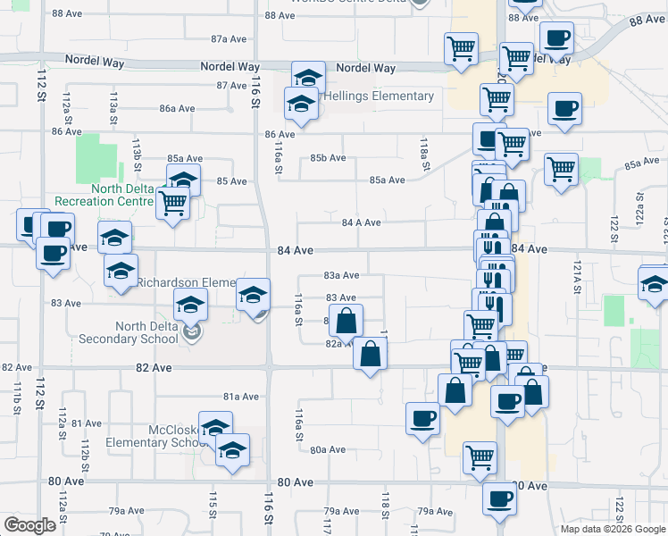 map of restaurants, bars, coffee shops, grocery stores, and more near 11715 83A Avenue in Delta