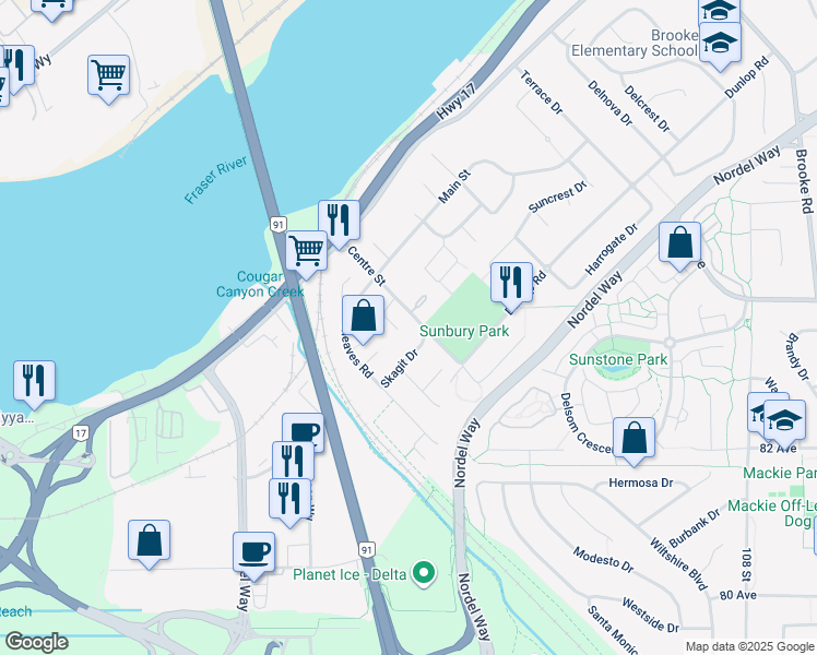 map of restaurants, bars, coffee shops, grocery stores, and more near 8366 Arbour Place in Delta