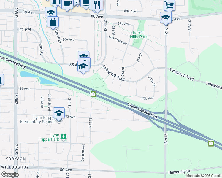 map of restaurants, bars, coffee shops, grocery stores, and more near 8412 213 Street in Langley Township