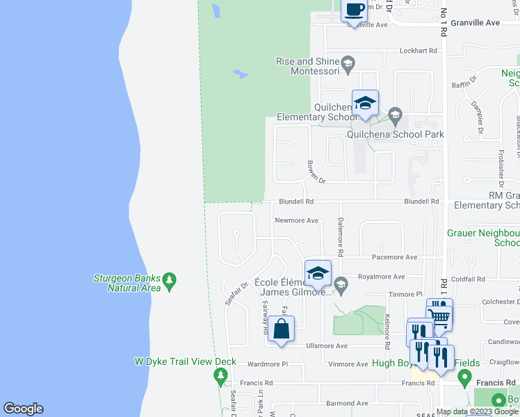 map of restaurants, bars, coffee shops, grocery stores, and more near 8760 Fairdell Crescent in Richmond
