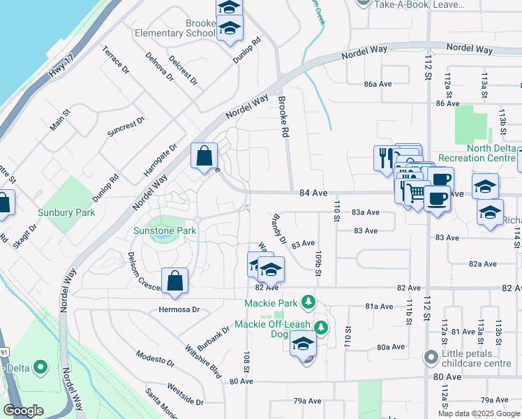 map of restaurants, bars, coffee shops, grocery stores, and more near 10867 Brandy Drive in Delta