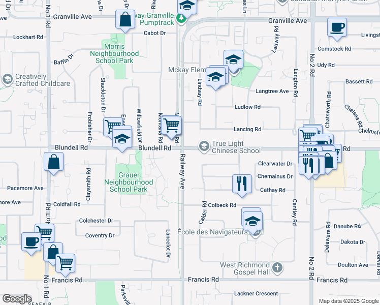 map of restaurants, bars, coffee shops, grocery stores, and more near 5020 Blundell Road in Richmond