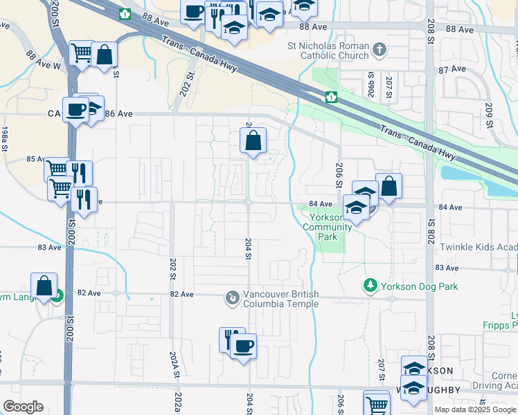 map of restaurants, bars, coffee shops, grocery stores, and more near 20422 84 Avenue in Langley Township