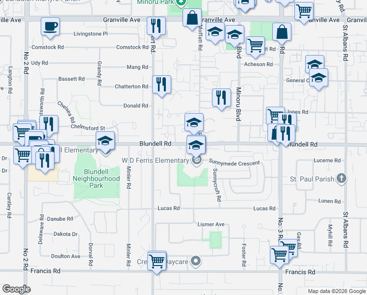 map of restaurants, bars, coffee shops, grocery stores, and more near 7188 Blundell Road in Richmond