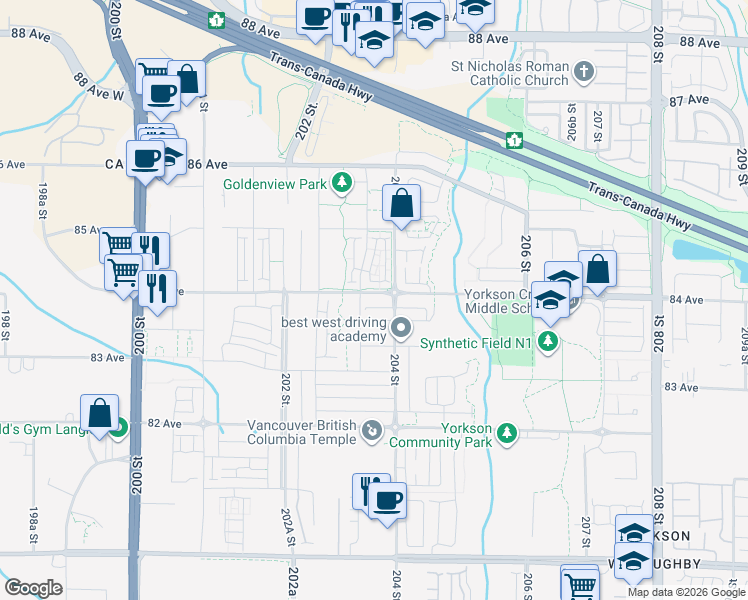 map of restaurants, bars, coffee shops, grocery stores, and more near 20362 84 Avenue in Langley City
