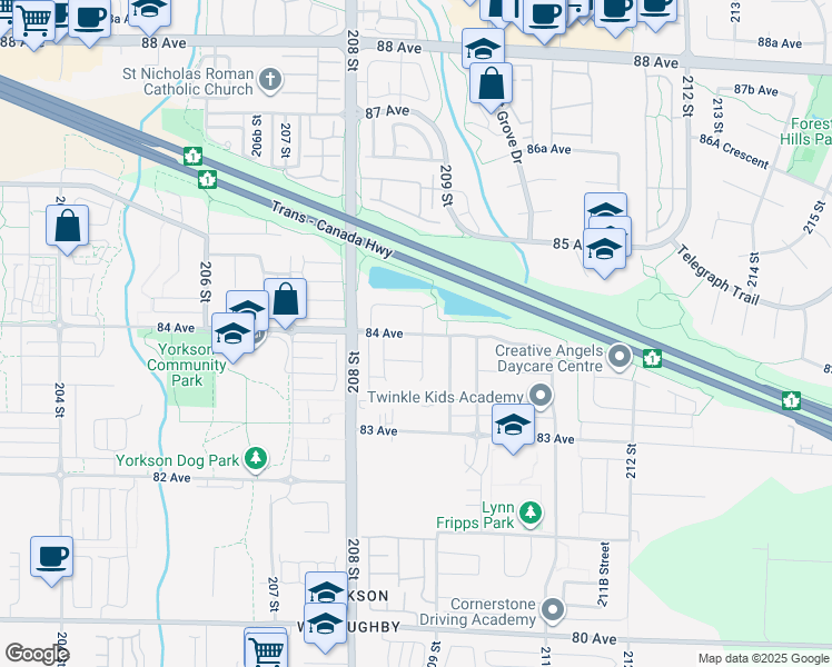 map of restaurants, bars, coffee shops, grocery stores, and more near 8409 209 Street in Langley