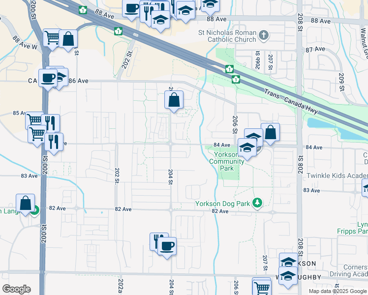 map of restaurants, bars, coffee shops, grocery stores, and more near 20450 84 Avenue in Langley Township