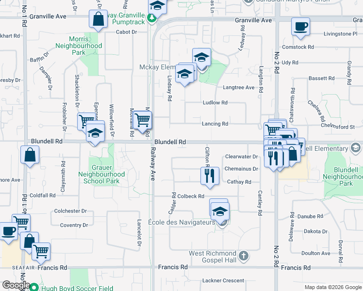 map of restaurants, bars, coffee shops, grocery stores, and more near 5180 Blundell Road in Richmond