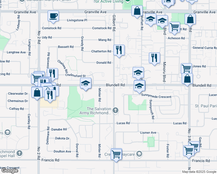 map of restaurants, bars, coffee shops, grocery stores, and more near 6748 Blundell Road in Richmond