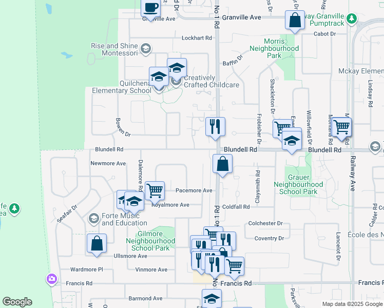 map of restaurants, bars, coffee shops, grocery stores, and more near 3820 Blundell Road in Richmond