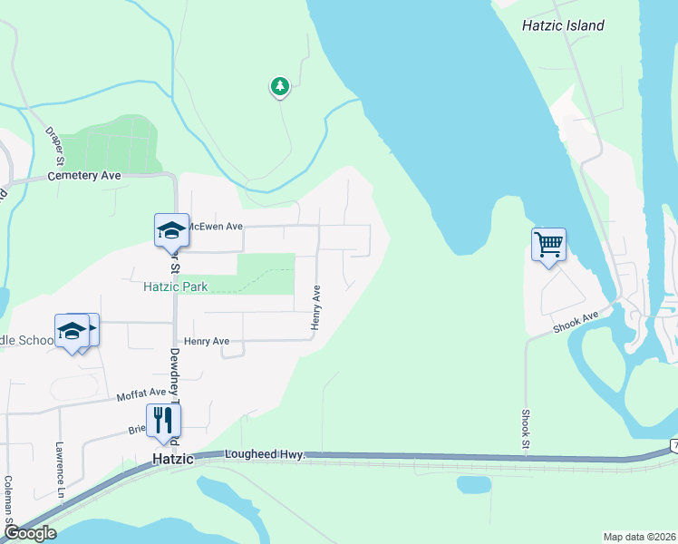 map of restaurants, bars, coffee shops, grocery stores, and more near 8425 George Street in Mission