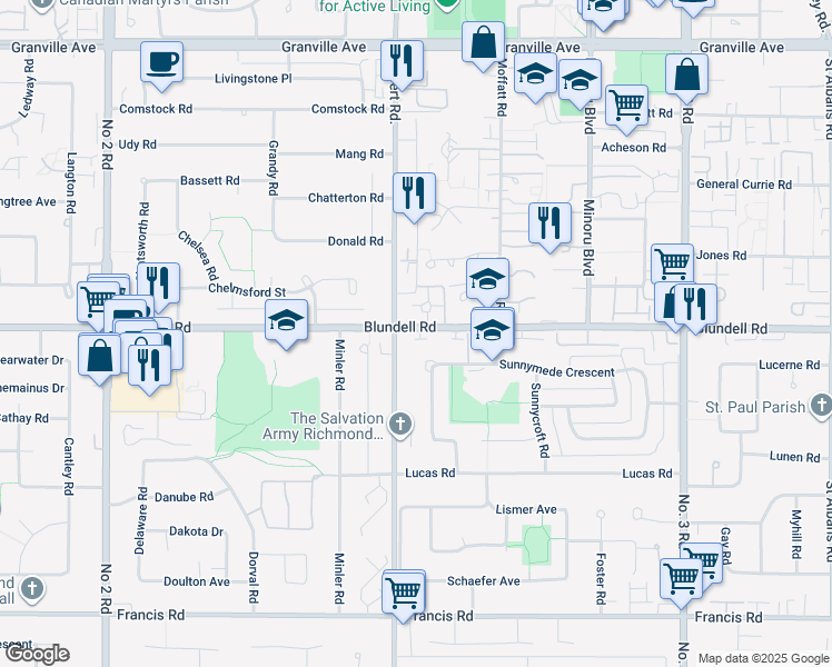 map of restaurants, bars, coffee shops, grocery stores, and more near 7060 Blundell Road in Richmond
