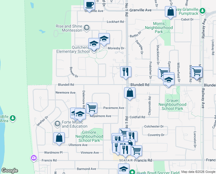map of restaurants, bars, coffee shops, grocery stores, and more near 3740 Blundell Road in Richmond