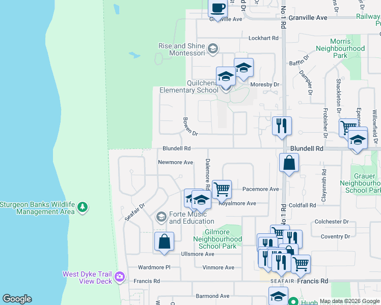map of restaurants, bars, coffee shops, grocery stores, and more near 3240 Blundell Road in Richmond