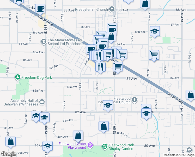 map of restaurants, bars, coffee shops, grocery stores, and more near 159 Street in Surrey