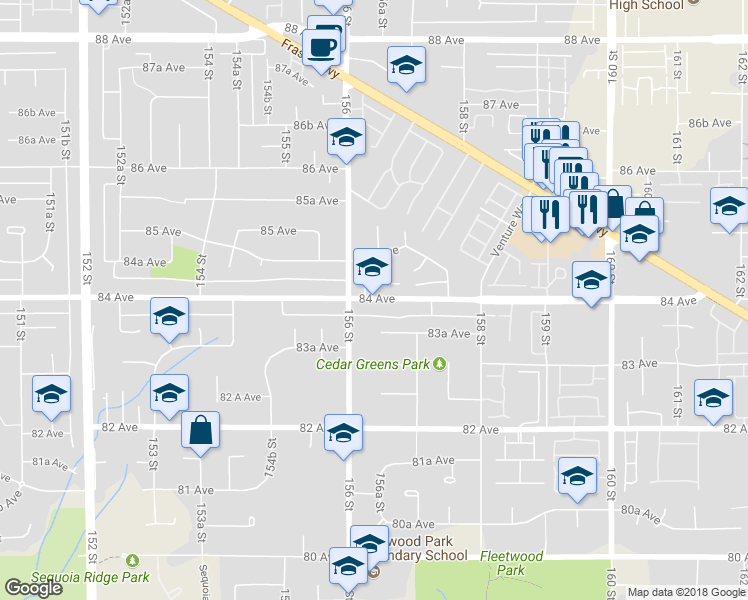 map of restaurants, bars, coffee shops, grocery stores, and more near 15660 84 Avenue in Surrey
