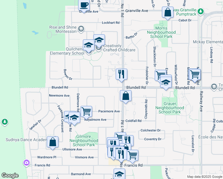 map of restaurants, bars, coffee shops, grocery stores, and more near 3880 Blundell Road in Richmond