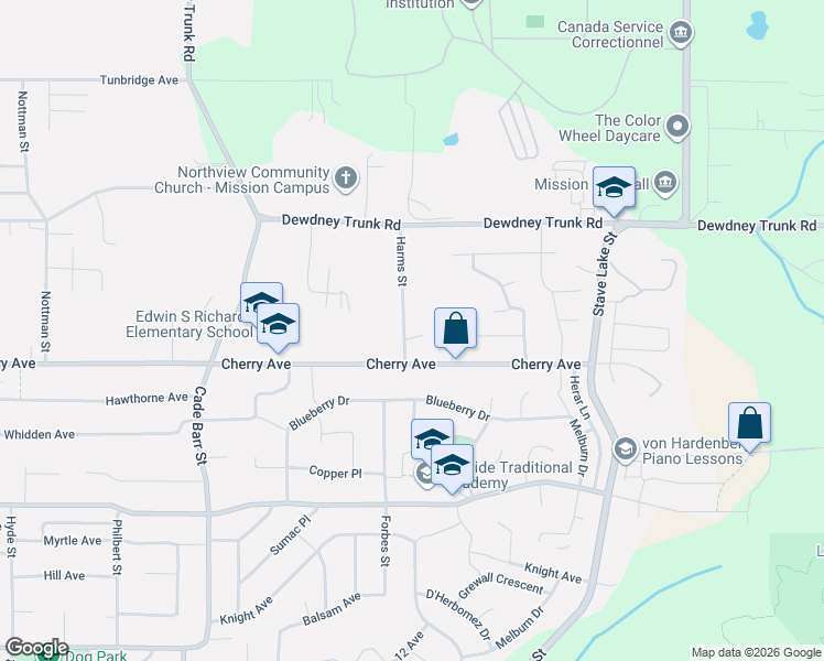 map of restaurants, bars, coffee shops, grocery stores, and more near 8442 Harms Street in Mission