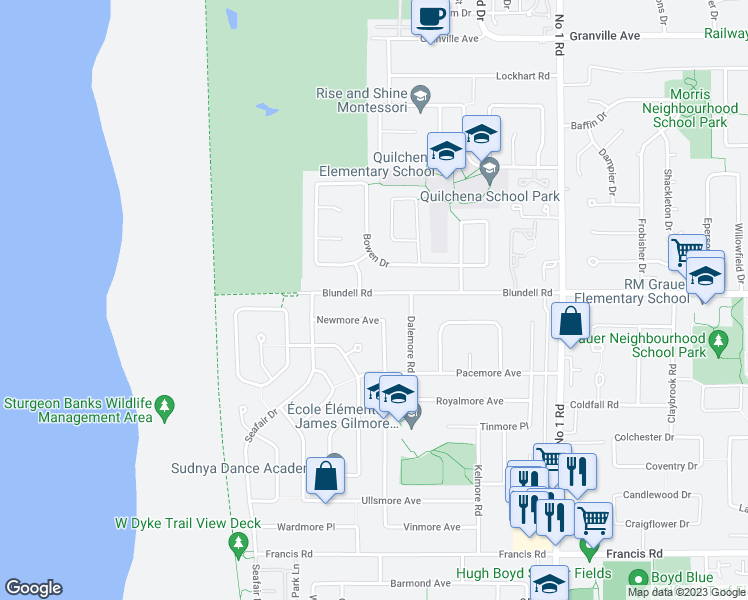 map of restaurants, bars, coffee shops, grocery stores, and more near 3220 Blundell Road in Richmond