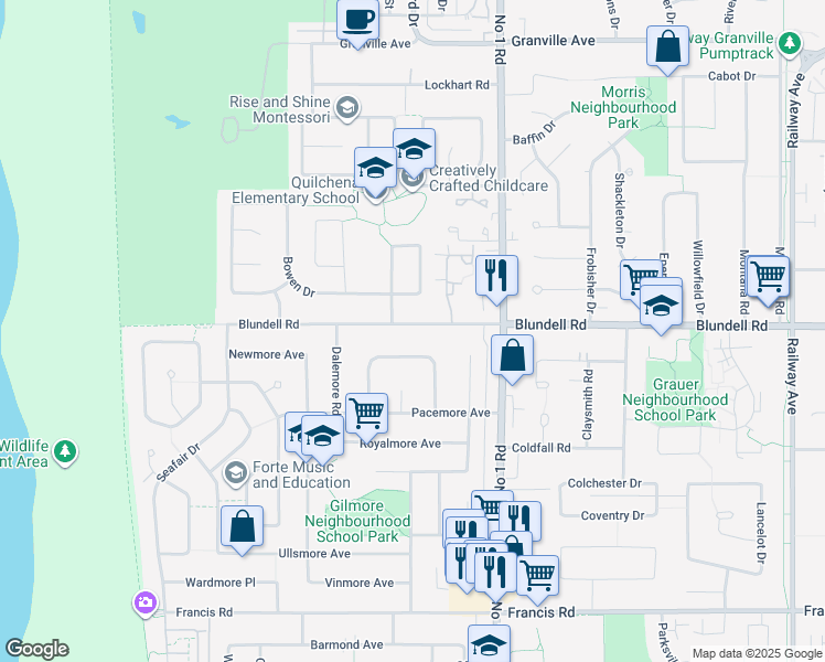 map of restaurants, bars, coffee shops, grocery stores, and more near 3668 Blundell Road in Richmond