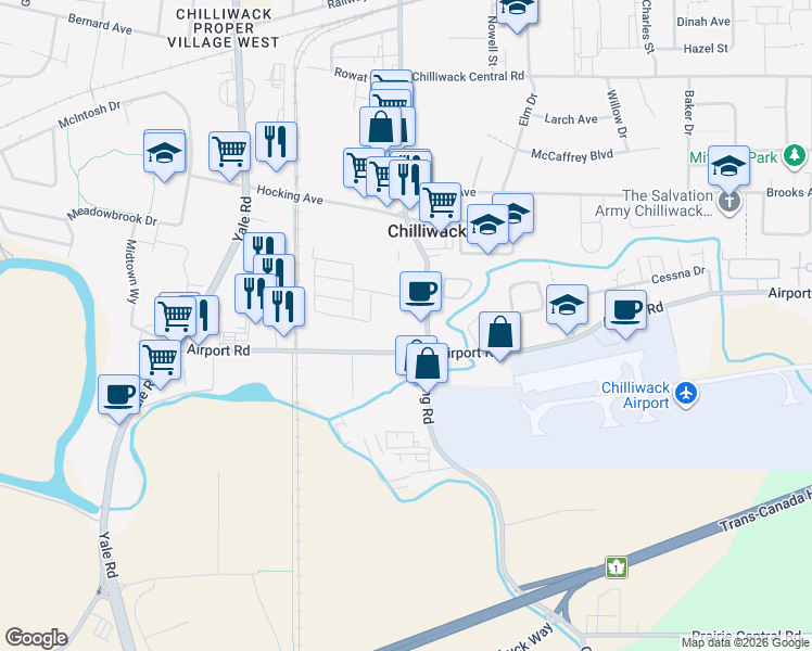 map of restaurants, bars, coffee shops, grocery stores, and more near 45953 Airport Road in Chilliwack