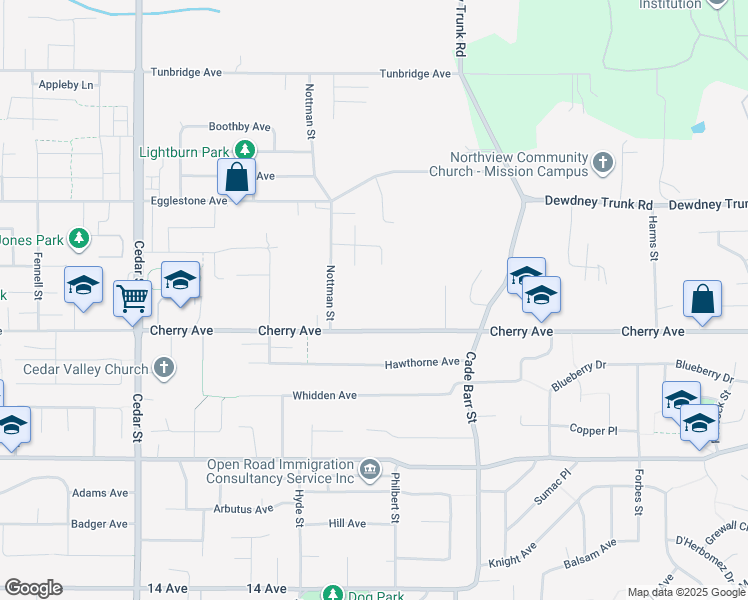 map of restaurants, bars, coffee shops, grocery stores, and more near 33209 Cherry Avenue in Mission