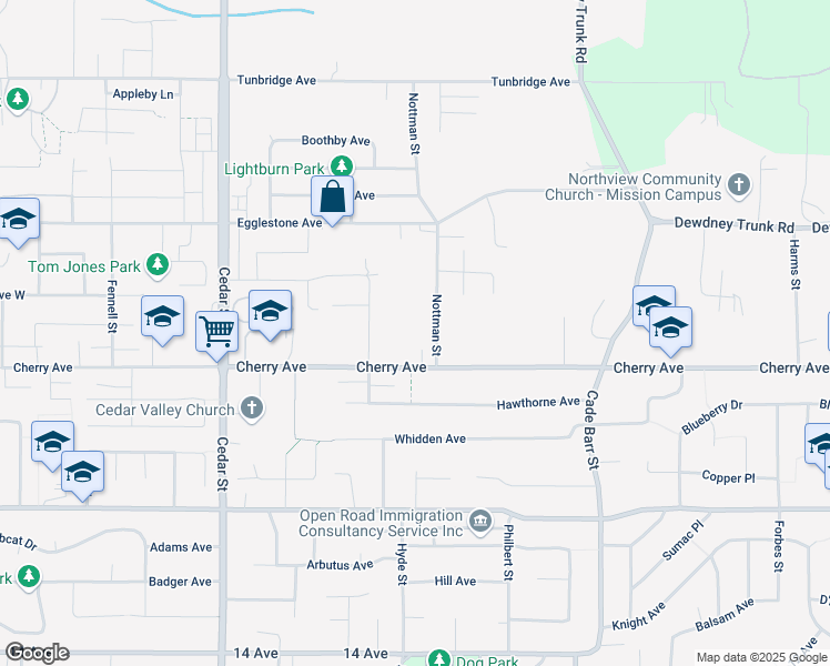 map of restaurants, bars, coffee shops, grocery stores, and more near 33067 Cherry Avenue in Mission