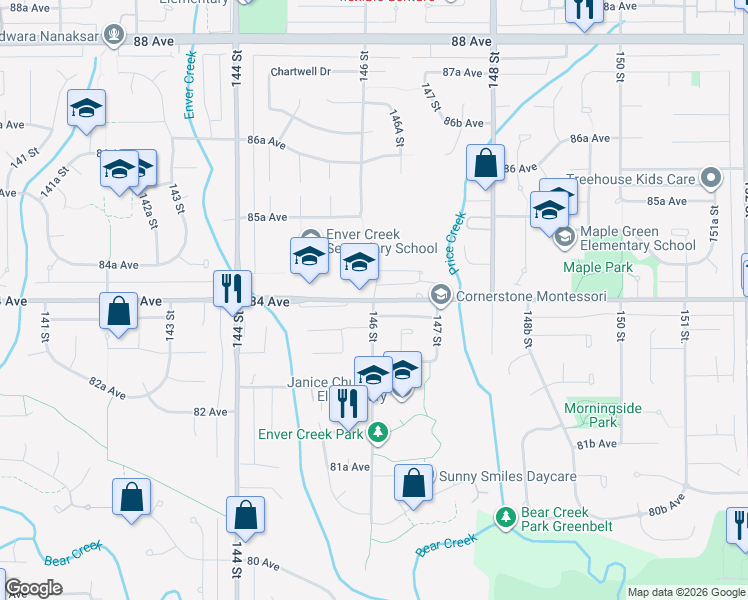 map of restaurants, bars, coffee shops, grocery stores, and more near 8400 146 Street in Surrey