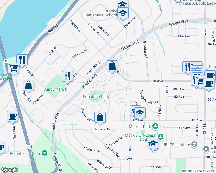 map of restaurants, bars, coffee shops, grocery stores, and more near 8355 Delsom Way in Delta