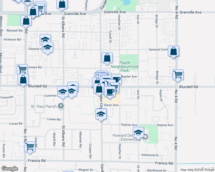 map of restaurants, bars, coffee shops, grocery stores, and more near 7-9051 Blundell Road in Richmond