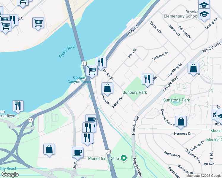 map of restaurants, bars, coffee shops, grocery stores, and more near 10335 Sheaves Place in Delta