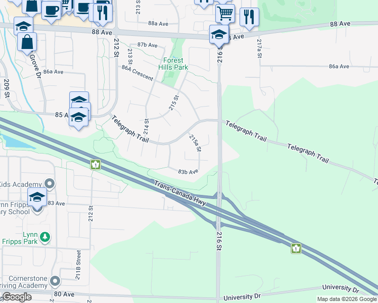 map of restaurants, bars, coffee shops, grocery stores, and more near 8420 215 Street in Langley Township