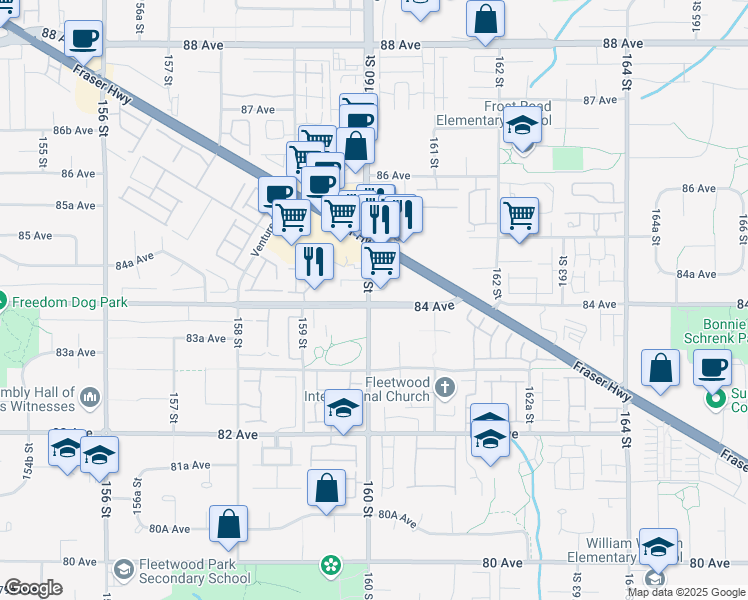 map of restaurants, bars, coffee shops, grocery stores, and more near 8380 160 Street in Surrey