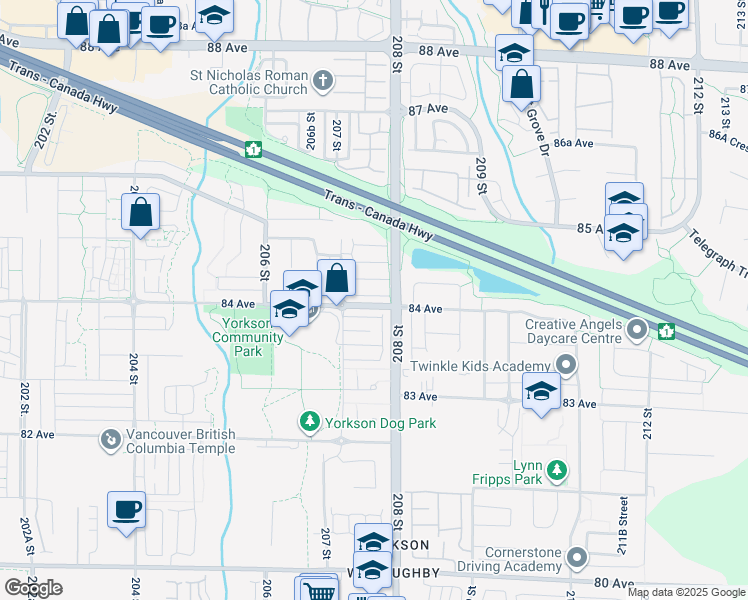 map of restaurants, bars, coffee shops, grocery stores, and more near 8438 207A Street in Langley Township