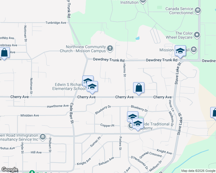 map of restaurants, bars, coffee shops, grocery stores, and more near 8531 Bannister Drive in Mission