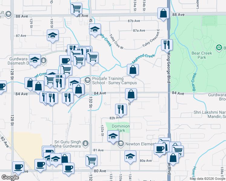 map of restaurants, bars, coffee shops, grocery stores, and more near 13317 84 Avenue in Surrey