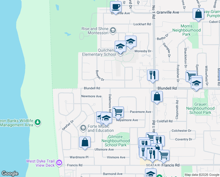 map of restaurants, bars, coffee shops, grocery stores, and more near Dalemore Road in Richmond