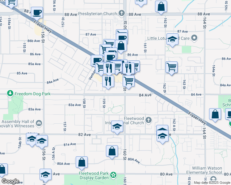 map of restaurants, bars, coffee shops, grocery stores, and more near 15957 84 Avenue in Surrey
