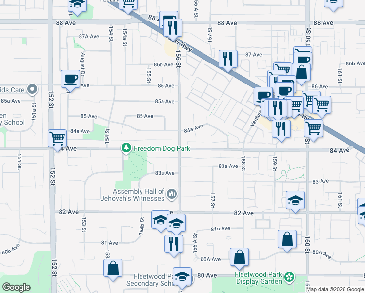 map of restaurants, bars, coffee shops, grocery stores, and more near 8414 156 Street in Surrey