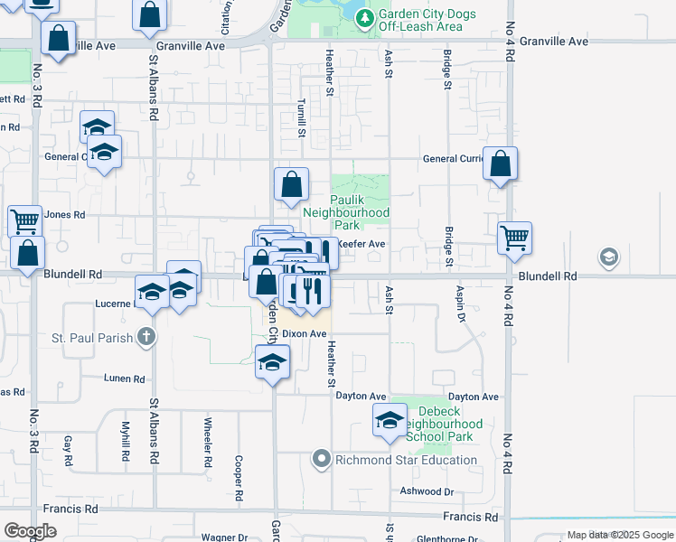 map of restaurants, bars, coffee shops, grocery stores, and more near 7800 Heather Street in Richmond