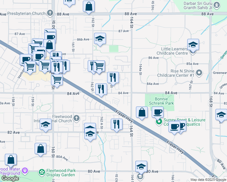 map of restaurants, bars, coffee shops, grocery stores, and more near 8418 163 Street in Surrey